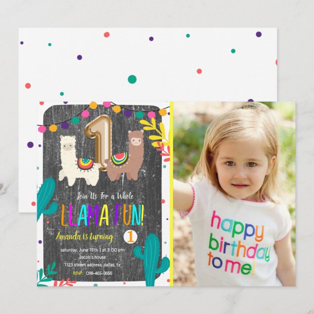 Llama Cactus Enfant 1er anniversaire Invitation (Devant / Derrière)