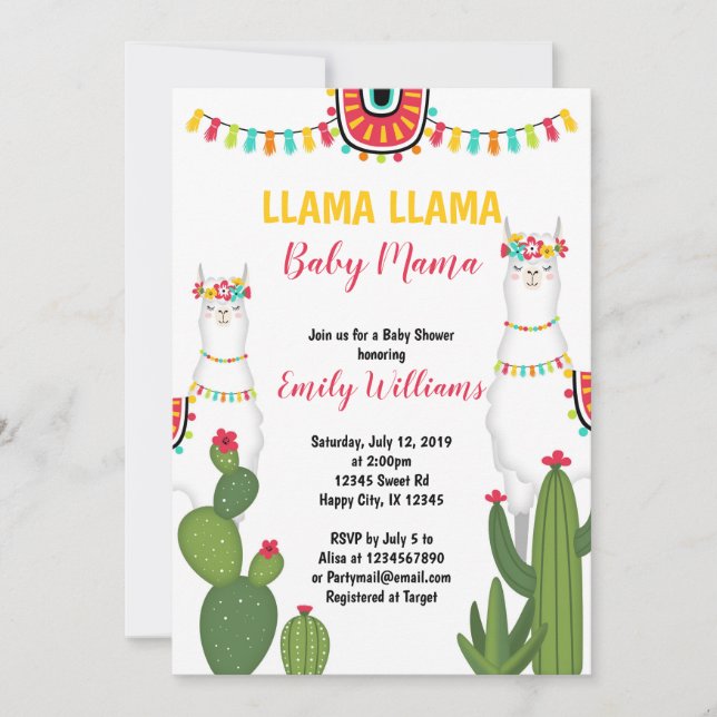 Llama cactus Invitation baby shower Girl Fiesta (Devant)
