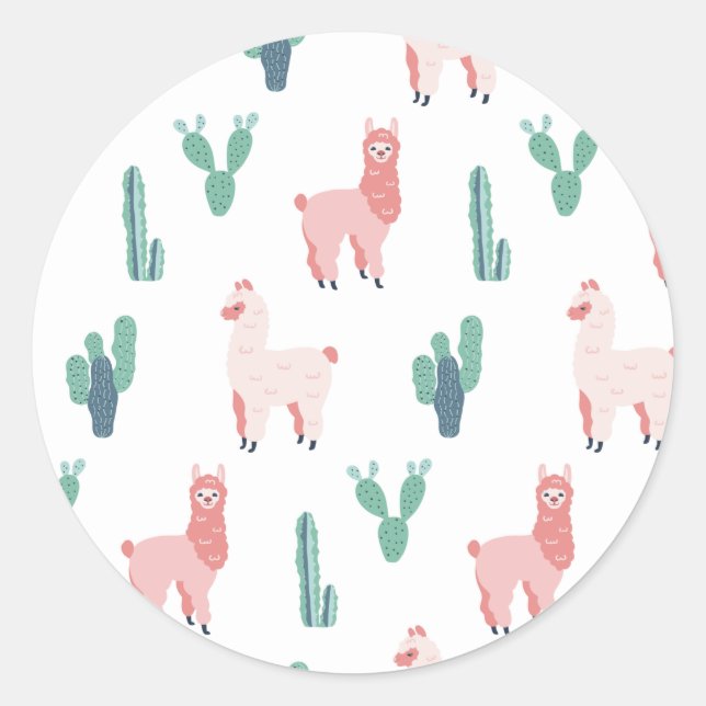 Llama Cactus Niedlicher Tiere Funny Pattern Runder Aufkleber (Vorderseite)