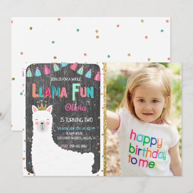 Llama Chalkboard Geburtstag Einladung mit Foto (Vorne/Hinten)