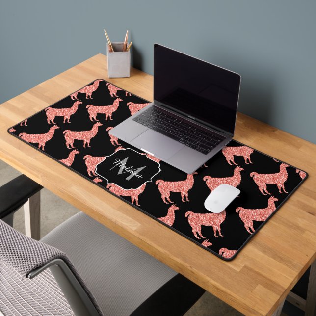 Llama corail rose Étincelles motif Monogramme noir (Bureau 2)