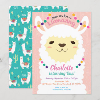 Llama Einladung zum Geburtstag. Rosa Alpaca laden 