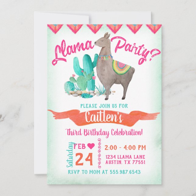 Llama fête Anniversaire Invitation Pink Orange Aqu (Devant)