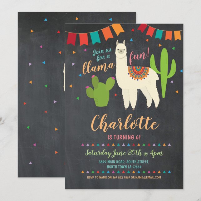 Llama fête d'anniversaire Cactus Fun Invitation fi (Devant / Derrière)