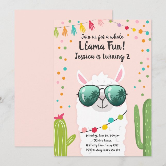 Llama Fiesta Birthday Alpaca Fiesta Pink Girl Einladung (Vorne/Hinten)