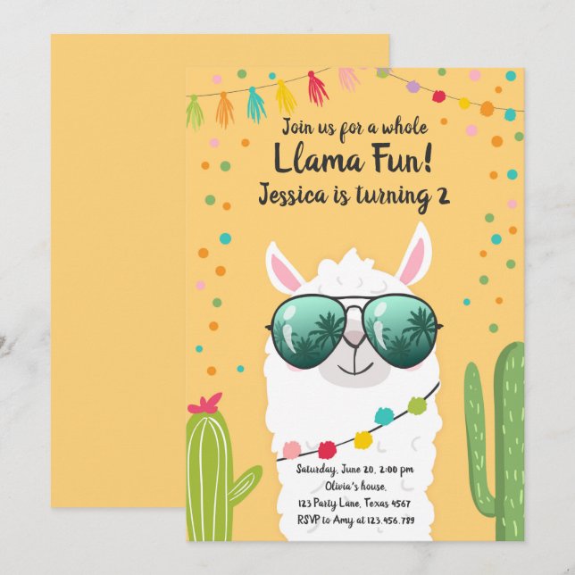 Llama Fiesta Birthday Alpaca Fiesta Yellow Girl Einladung (Vorne/Hinten)
