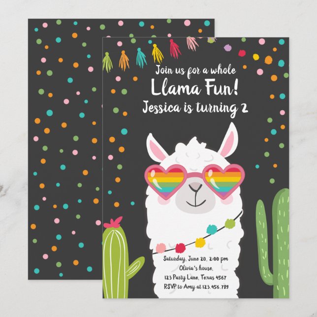 Llama Fiesta Herzsonne Birthday Einladung (Vorne/Hinten)