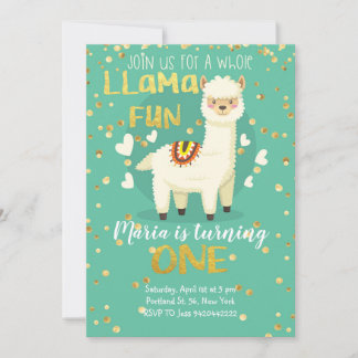 Llama Fun Gold und Green Birthday Einladung
