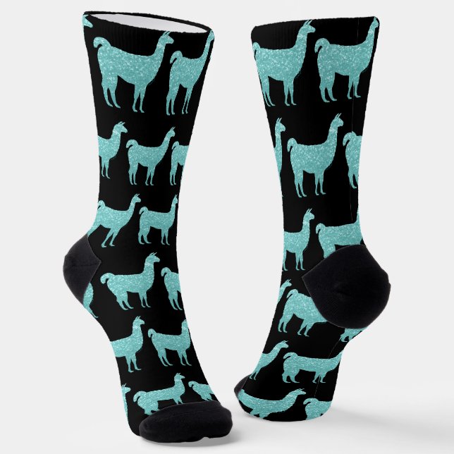 Llama Hell Türkis Glitzer Muster schwarz Socken (Gewinkelt)