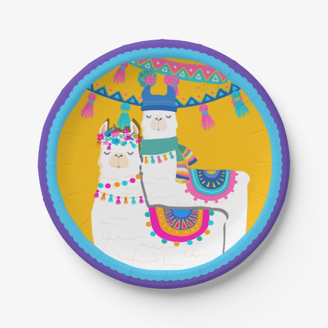 Llama Lila Blue Yellow Colorday Party Pappteller (Vorderseite)