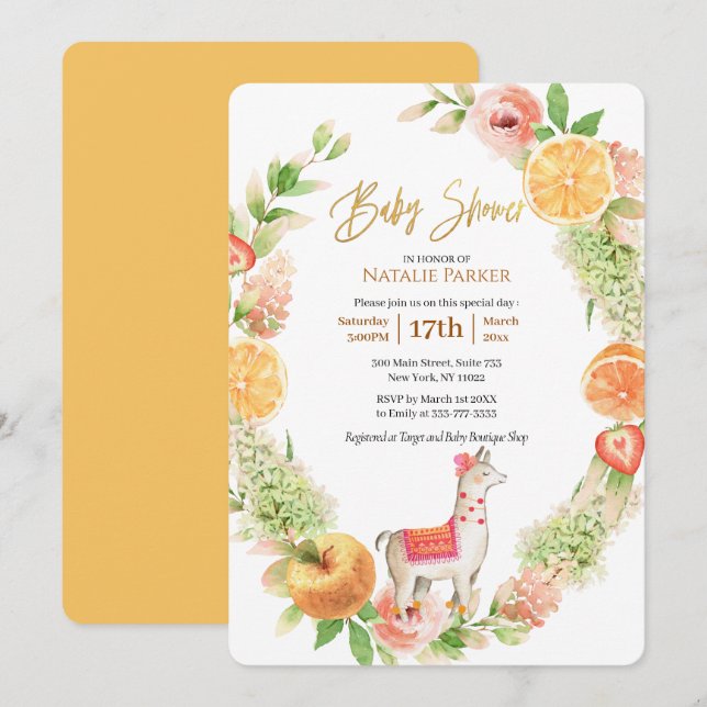 Llama Mama Citrus Floral Greenery Baby Shower Einladung (Vorne/Hinten)