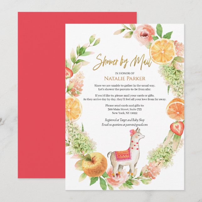 Llama Mama Floral Greenery Baby Shower by Mail Einladung (Vorne/Hinten)