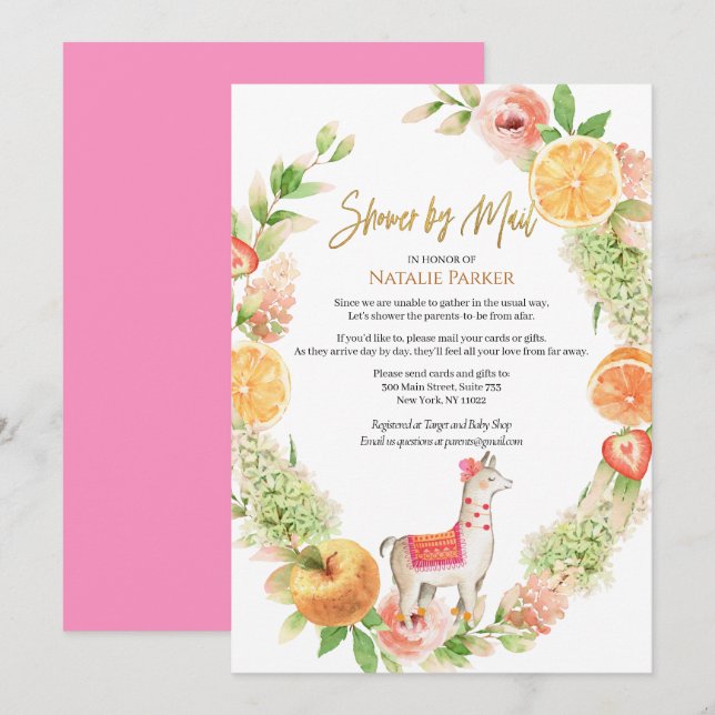 Llama Mama Floral Greenery Baby Shower by Mail Einladung (Vorne/Hinten)