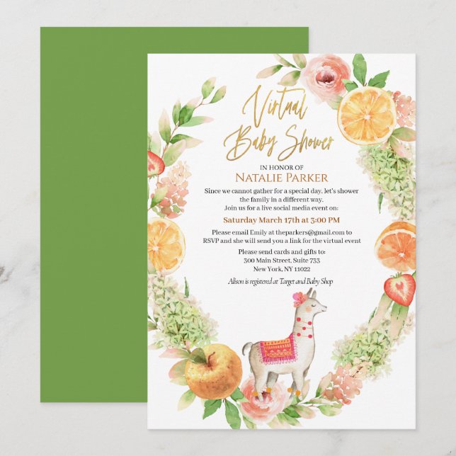 Llama Mama Floral Greenery Virtual Baby Shower Einladung (Vorne/Hinten)