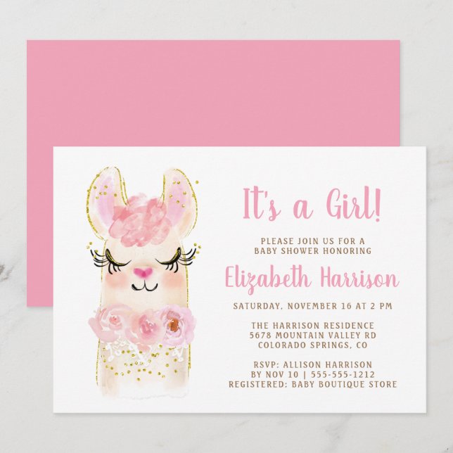 Llama Mama Pink Baby Girl Dusche Einladung (Vorne/Hinten)