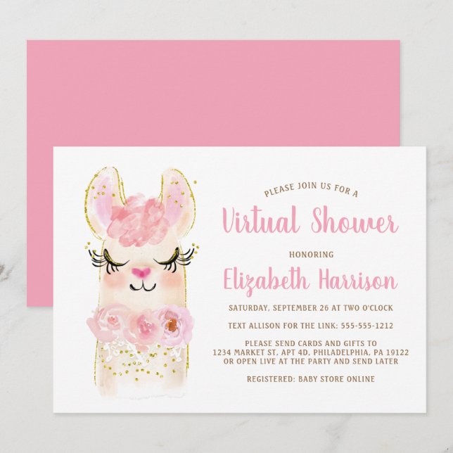 Llama Mama Pink Baby Virtual Shower Einladung (Vorne/Hinten)