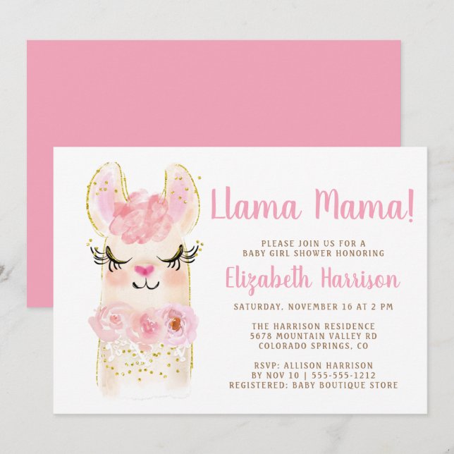Llama Mama Pink Kinderdusche Einladung (Vorne/Hinten)