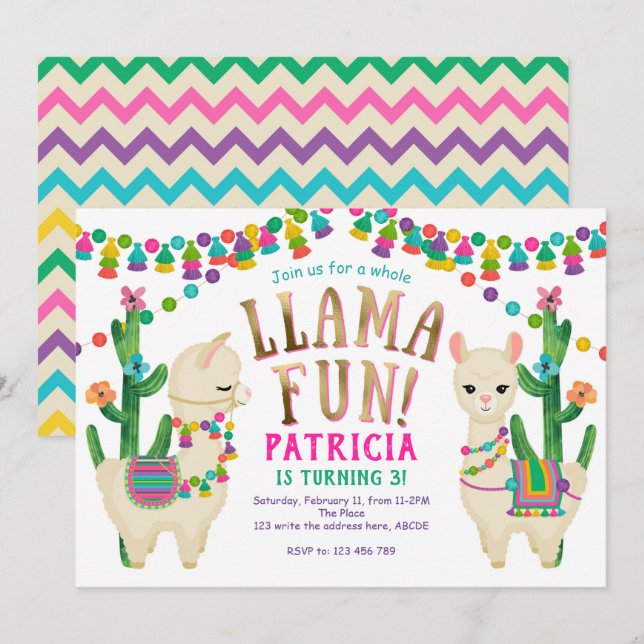 Llama, mexikanisch, FIesta, Niedlich, Geburtstag Einladung (Vorne/Hinten)