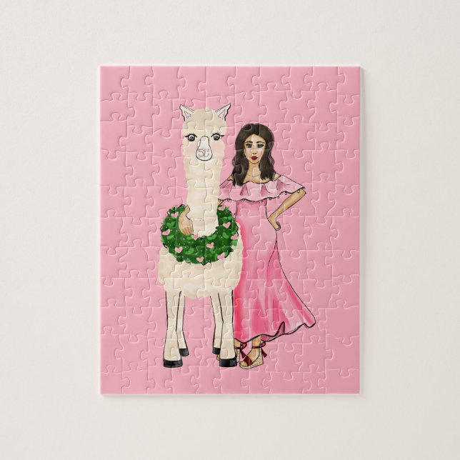 Llama mit Herzkranz und Girl Illustration (Vertikal)