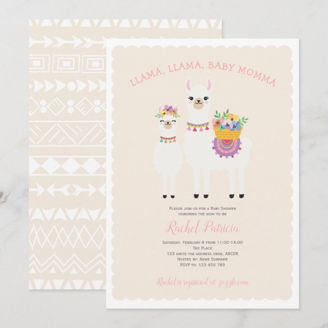 Llama Momma- Niedlich, Baby Girl Dusche Einladung (Vorne/Hinten)