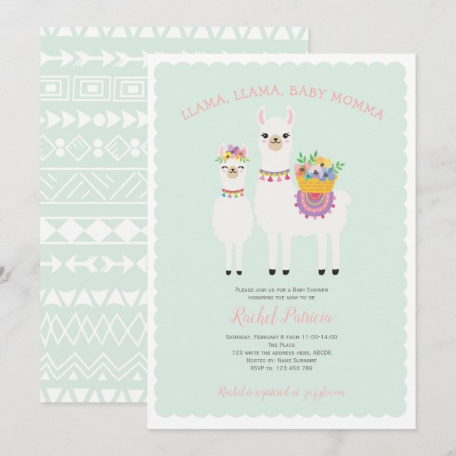 Llama Momma- Niedlich, Baby Girl Shower Einladung (Vorne/Hinten)