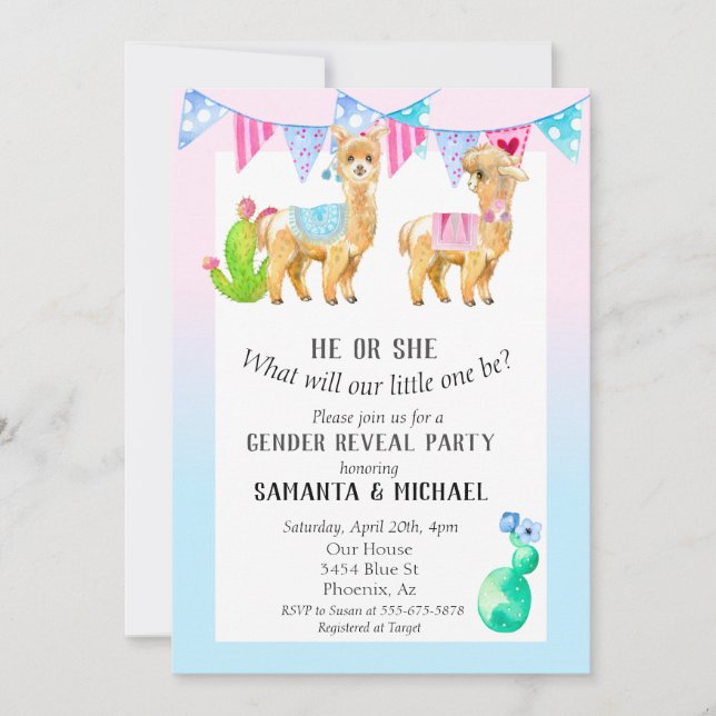 Llama Niedlich Watercolor Gender Reveal Party Einladung (Vorderseite)