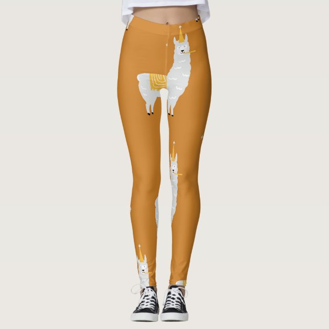 Llama, orange Hintergrund: Geburtstagsmuster. Leggings (Vorderseite)
