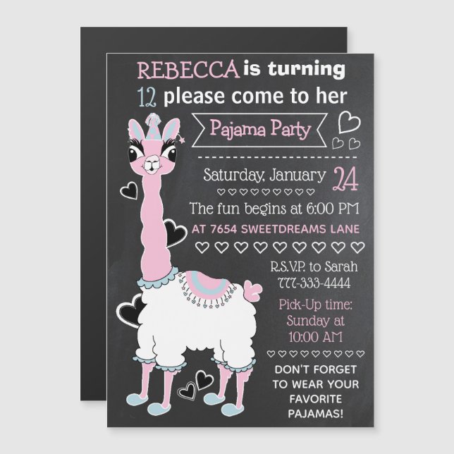 Llama Pajama Sleepover Girl Party Blackboard Style Magneteinladung (Vorne/Hinten)