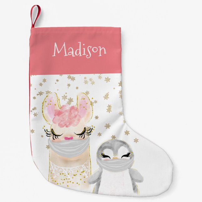 Llama Penguin Face maskiert Personalisiert Kleiner Weihnachtsstrumpf (Vorderseite)