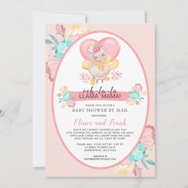 Llama Pink Floral Baby Dusche von Mail Einladung (Vorderseite)