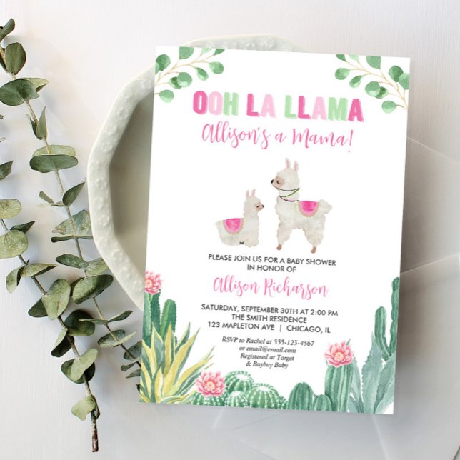 Llama Pink Green Cactus Succulent Girl Baby Shower Einladung (Von Creator hochgeladen)