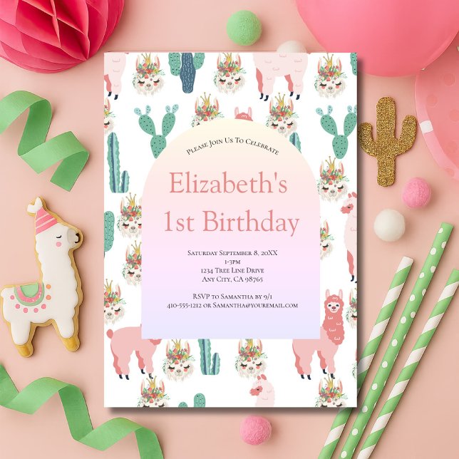 Llama Pink und Green Cactus Niedlich Girl Birthday Einladung (llama and cactus pink and green girls birthday invitation)