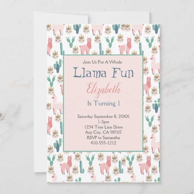 Llama Pink und Green Cactus Niedlicher Kindergebur Einladung (Vorderseite)