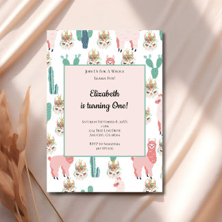 Llama Pink und Green Cactus Niedlicher Kindergebur Einladung
