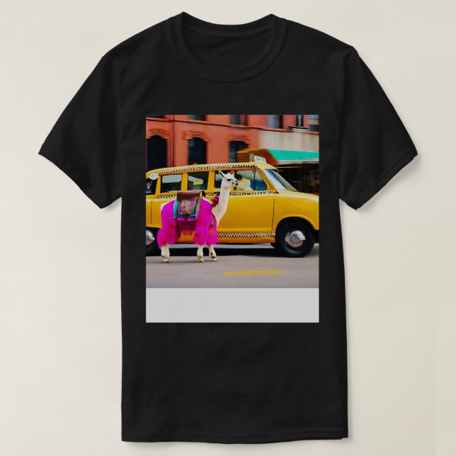 Llama Riding in Taxi Happy Llama T-Shirt (Design vorne)
