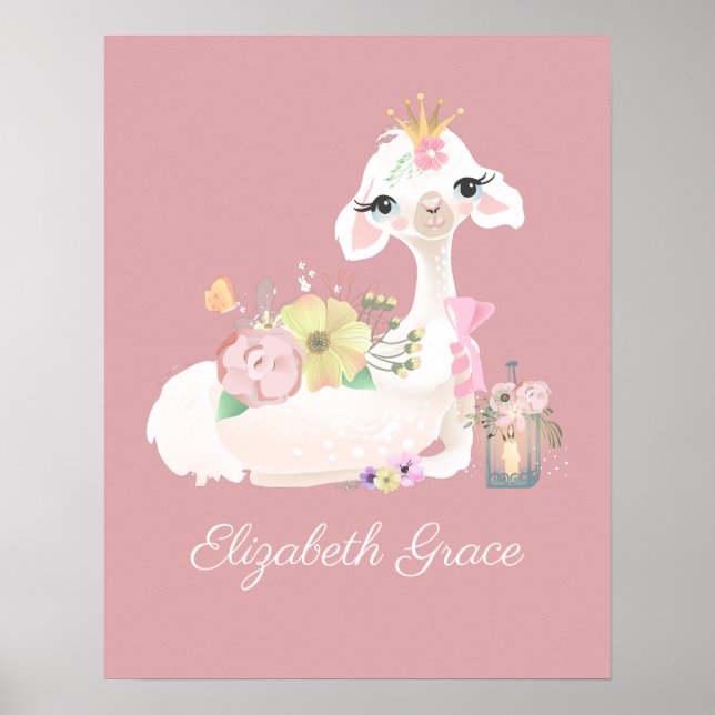 Llama Rosa und Weiß mit Blume Girly Poster (Vorne)