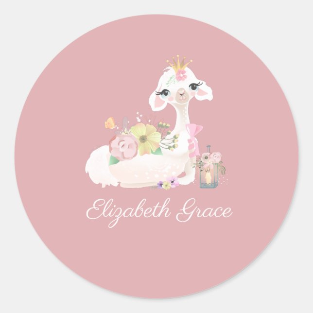Llama Rosa und Weiß mit Blume Girly Runder Aufkleber (Vorderseite)