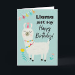 Llama sagt einfach glücklich zum Geburtstag Karte<br><div class="desc">Niedliche Geburtstag-Karte mit Lamabildschirm. Der lustige Typografie-Text sagt: "Llama sagt einfach nur glücklich zum Geburtstag!" Die lustige Pun-Karte für einen Freund oder wichtige andere.</div>