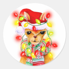 Llama skurrile Weihnachtsfeiertage Aquarellkunst Runder Aufkleber