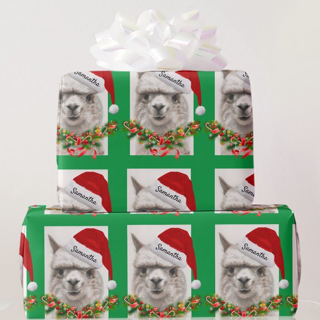 Llama Smiles Weihnachtsmannmütze Individuelle Name Geschenkpapier (Von Creator hochgeladen)