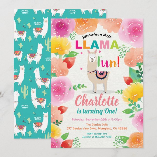Llama Spaß Einladung zum ersten Geburtstag. Folora (Vorne/Hinten)