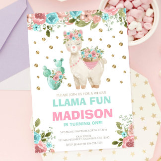 Llama-Spaß Pink Minze Floral Mädchen 1. Geburtstag Einladung
