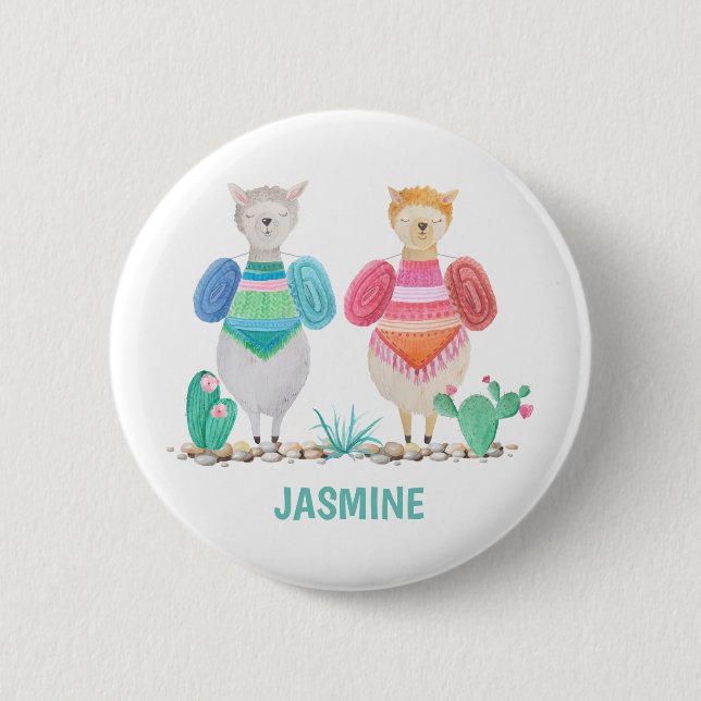 Llama und Cacti Wasserfarbe Personalisiert Button (Vorderseite)