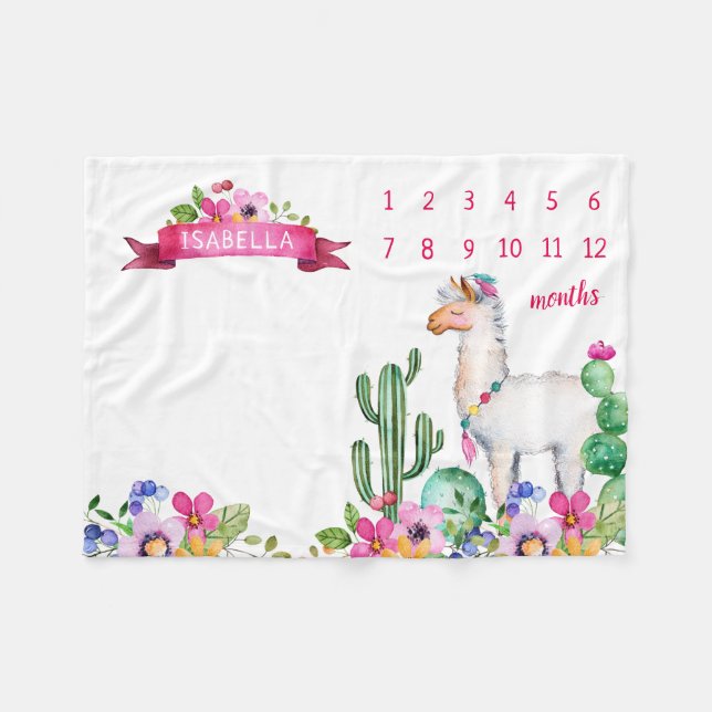 Llama und Cactus Floral Baby Name Milestone Foto Fleecedecke (Vorderseite (Horizontal))