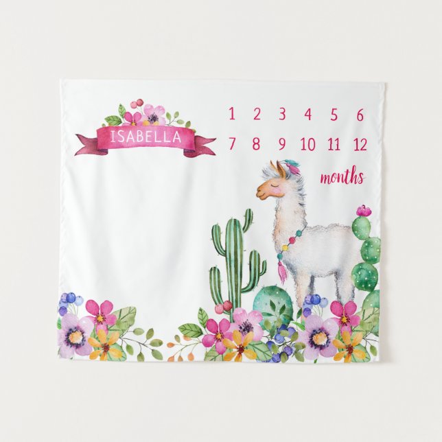 Llama und Cactus Floral Baby Name Milestone Foto Wandteppich (Vorderseite (Horizontal))