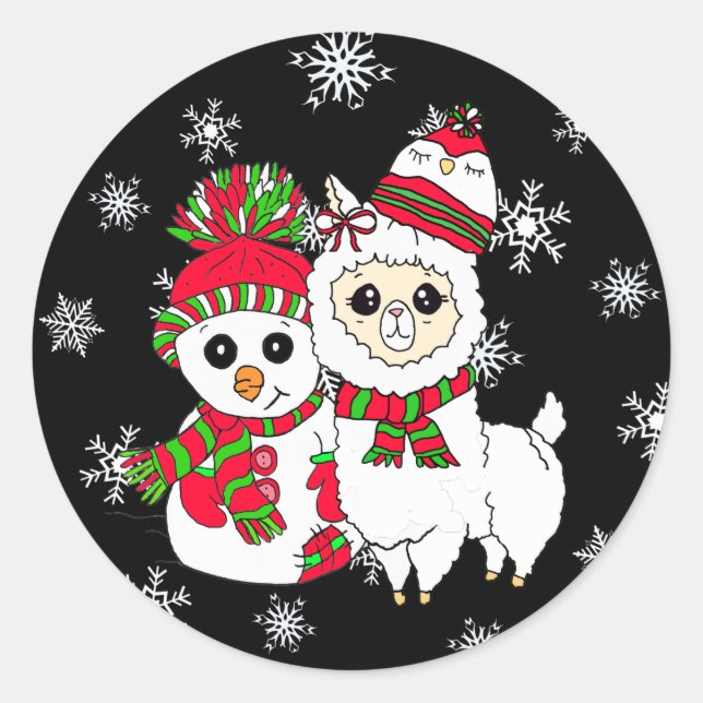Llama und Snowman Weihnachtskleber Runder Aufkleber (Vorderseite)