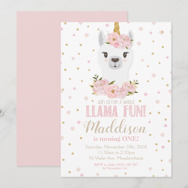 Llama Unicorn Anniversaire Invitation Blush Floral (Devant / Derrière)