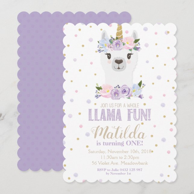 Llama Unicorn Anniversaire Invitation Florale viol (Devant / Derrière)