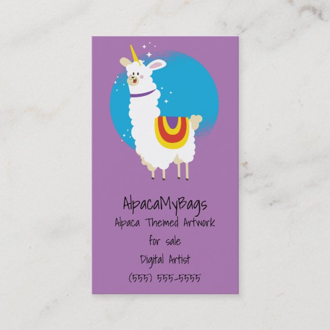 Llama Unicorn auf Lila Visitenkarte (Vorderseite)