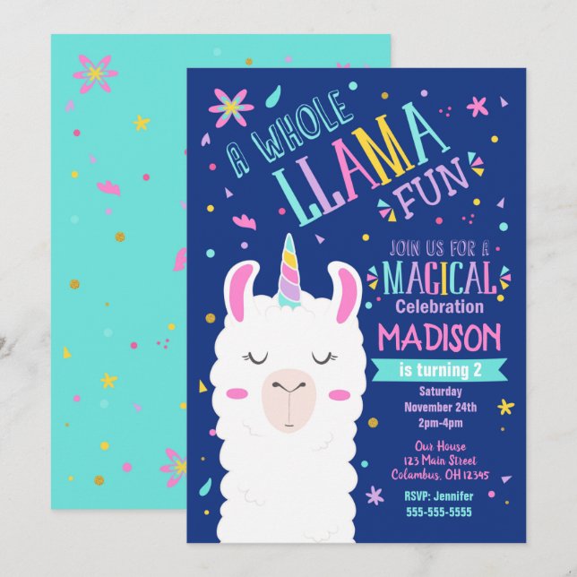 Llama Unicorn Birthday Invitation Magazine Party (Devant / Derrière)
